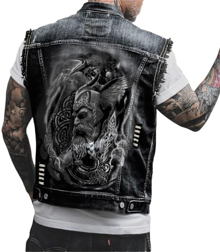 Edelaura Veste en Jean Sans Manches Hommes Imprimé Tête de Mort Style Biker Punk Vintage Denim Boutons Métalliques Outdoor Loisirs Vêtement de Travail