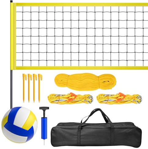 WildFun Juego completo de red de voleibol para exteriores para jardín y césped, red ajustable en altura (9,5 m x 1 m) con varillas, voleibol de poliuretano, bomba de mano, líneas de marcado y bolsa de
