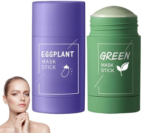 2 Pezzi Maschera Stick al Tè Verde, Pulizia Viso, Maschera Viso Purificante con Argilla, Pulizia Profonda Pori & Idratazione, per Tutti i Tipi di Pelle Uomini Donne(tè verde e melanzane)