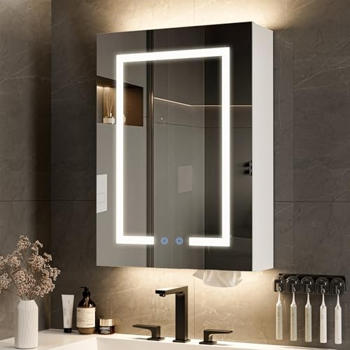 Belandi 18x24 Bathroom Medicine Cabinet with Mirror and 3-Color LED Lights, Anti-Fog, Bathroom Wall Cabinet with 3-Adjustable Shelves Storage Organizer, White