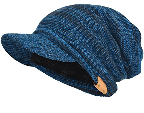 Uomo Donna Spessore Vello Foderato Maglia Ciondolare Beanie con Visiera (Blu/Nero)