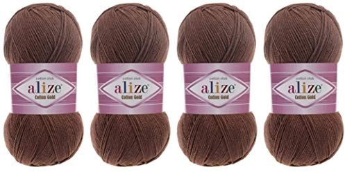 55% Cotton 45% Acrylic Yarn Alize Cotton Gold Thread Crochet Hand Knitting Art Lot of 4skn 400 gr 1444 yds (493-Brown)
