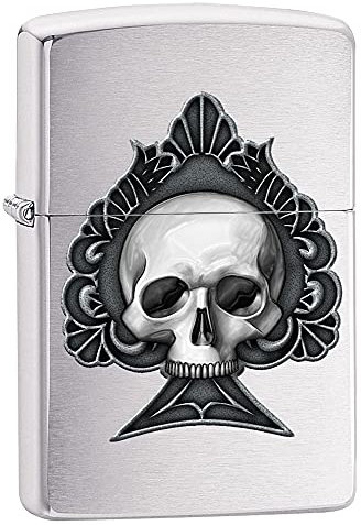 Zippo Briquet Tempête - Modèle Ace Skull - Finition Chrome Brossé avec Color Image - Rechargeable - Réutilisable - Design Coupe-Vent - Coffret Cadeau Fabriqué aux États-Unis