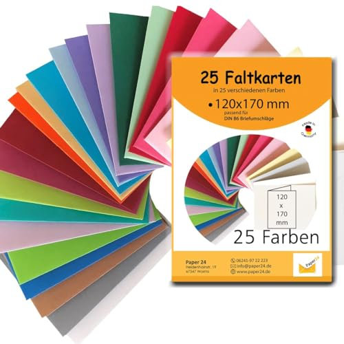 Paper24 Karten-Set, 25 bunte Faltkarten 12x17 cm in 25 unterschiedlichen Farben als Set, ideal zum Basteln, zu Weihnachten oder als Geschenkidee passend für DIN B6 Umschläge