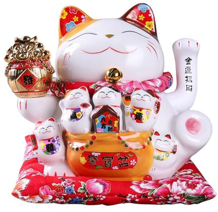 TONGMAN 10Inch Fortune Cat Japanese Beckoning cat Ceramic Waving Arm Cat for Shops, Restaurants, Living Room and Home Decoration