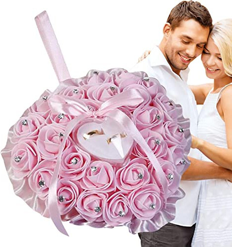 LOSOO Cuscino per FEDI Nuziali, Portatore 'Anello Rosa a Forma di Cuore, Cuscino per FEDI Nuziali Bianche a Forma di Cuore Scatola per FEDI Nuziali Porta Anelli per Cerimonia Nuziale in