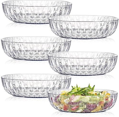 Fasmov 6 Pack Plastic Serving Bowls, Square Serving Bowls, 72 Ounce Large Elegant Diamond Pattern Plastic Bowls for Salad, Party Snack, Popcorn, Chip, Buffet, Candy, Fruit, Clear
