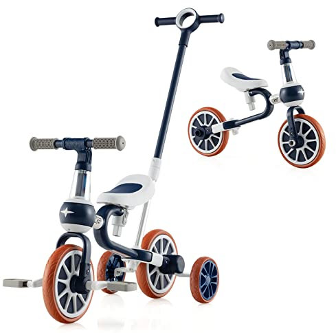DREAMADE Dreirad ab 2 Jahre, 4-in-1 Laufrad mit Verstellbarer Schubstange & abnehmbarem Pedal, Kinderdreirad Balance Bike bis 30kg (Blau)