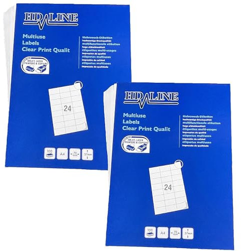 Hd-line Adressetiketten 2 Packungen, 100 Blatt, 70 x 37 mm, 4800 Stück, Selbstklebend, bedruckbar, matt, blanko Papier Adressaufkleber Etiketten, Universal, 24 pro A4 Bogen, weiß