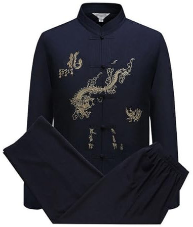YUANZHOU Chinesischer Tai Chi Anzug Tang Anzug Männer Traditionelle Kleidung Hanfu Bestickte Ärmel Oberteile Und Hosen Schnalle Stehkragen Stickerei,Black-43