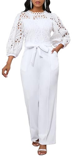 IWFEV Women's Jumpsuit Puff Sleeve Lace Jumpsuit Mid-Calf Short Sleeve Hollow Party Evening Romper with Pockets XL White