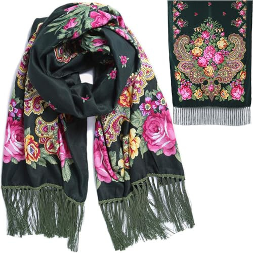 LOVNBHELP Russian Style Muffler Scarf Traditional Tassel Exotic Wrap Warm Soft Large Long Rectangular Shawl for Women Fashion Fringes Printed Scarves/Green