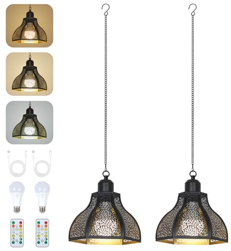 Rayofly 2 Stücke Akku Pendelleuchte Innen, Outdoor Hängelampe mit Batterie, Schwarz Hängeleuchte ohne Stromanschluss, Außen Gartenleuchten mit Birne & Fernbedienung, Outdoor Lampe für Terrasse, Balkon