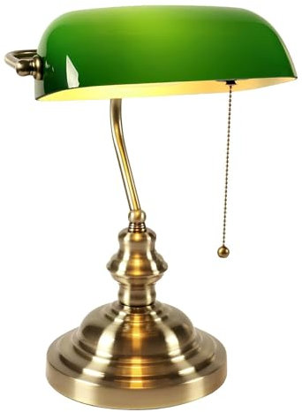 NLLATEI Lampe Banquier en Verre Vert, Lampe De Table Antique avec Base en Laiton, Lampe De Bibliothèque Traditionnelle avec Chaîne De Traction, Lampe De Bureau Vintage pour Bureau, Étude, E26(Green)