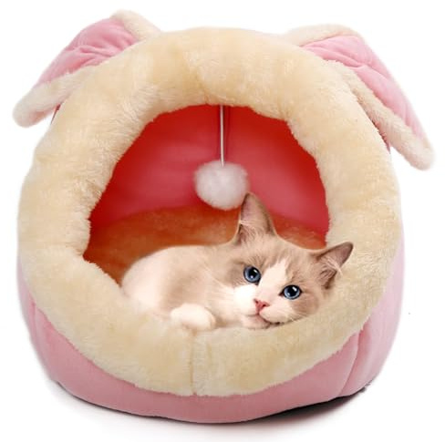Lcybem Cat Beds for Indoor Cats - Rabbit-Shaped Cat Cave Bed with Hanging Toy,Super Soft Calming cat Tent for Kitten&Puppy,Small Dog,Warm Plush&Machine Washable&Removable Cotton Pad (Pink L)