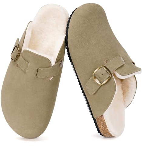 Dokela Zuecos Mules de Piel para Hombre Mujer Invierno Cálido | Zapatillas de Estar por Casa, Pantuflas con Corcho Cerradas, Zapatos de Interior Exterior Cómodas