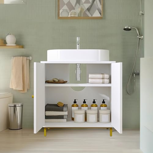HILINSIE White Bathroom Sink Base Cabinet: Constructed with 2 front doors, one configurable interior shelf, and 4 height-adjustable feet. Compatible with pedestal washbasin installations