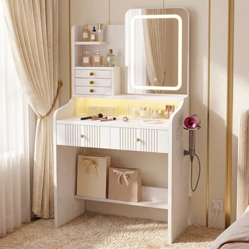 IRONCK Dressing Table with LED Mirror & RGB Lights, Makeup Vanity with Sliding Door Hidden Storage, Power Outlet, Hairdryer Holder, 5 Drawers Fluted Panel Vanity Table for Bedroom, 140×70×40cm White
