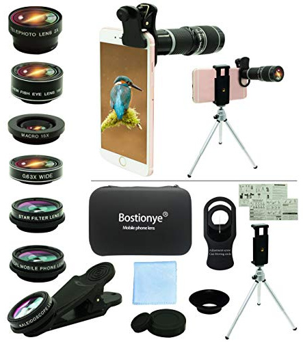 Cell Phone Camera Lens Kit,11 in 1 Universal 20x Telephoto 0.63Wide Angle 15X Macro 198°Fisheye 2X Telephoto Kaleidoscope CPL Starlight Eyemask Tripod,for Most iPhone Smartphone (Black)