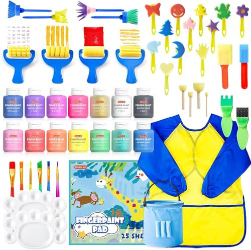 Shuttle Art Peinture au Doigt pour Enfants, Ensemble complet d'outils, Non Toxique, 53 Pièces de Peinture au Doigt Enfant Lavable, 14 Couleurs, Pinceau, Tampon de Peinture, Éponge, Palette, Blouse