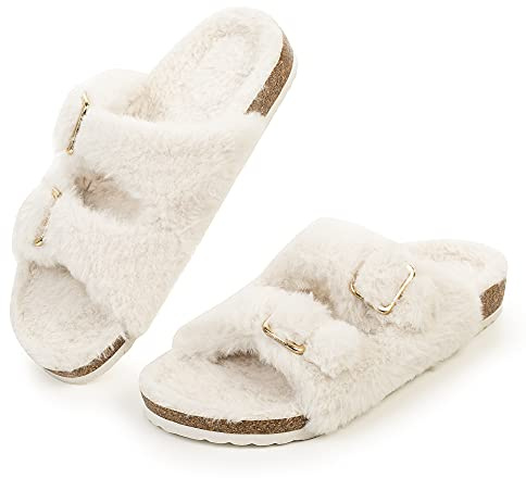 FITORY Womens Open Toe Slipper with Cozy Lining,Faux Rabbit Fur Cork Slide Sandals Beige Size 8