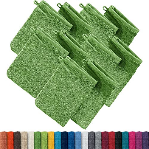 Erwin Müller Waschhandschuh, Waschlappen Heidelberg 10er- Pack, 100% Baumwolle apfelgrün Größe 15x21 cm - weiche Qualität, saugstark und strapazierfähig - praktisch durch Schlaufe