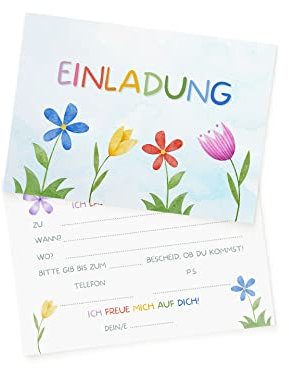 Essi's Stoff Boutique 10 Blumen Einladungskarten - Florale Mädchen Einladung für Feen Party, gartenfest oder Frühlings Kindergeburtstag - inkl. Umschläge