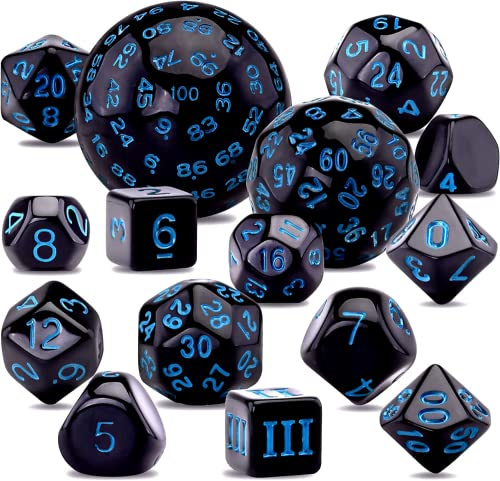 DollaTek Set med 15 delar, komplett polyedriska tärningar, D3-D100, speltärning, set för rollspel, bordsspel, svart och blå