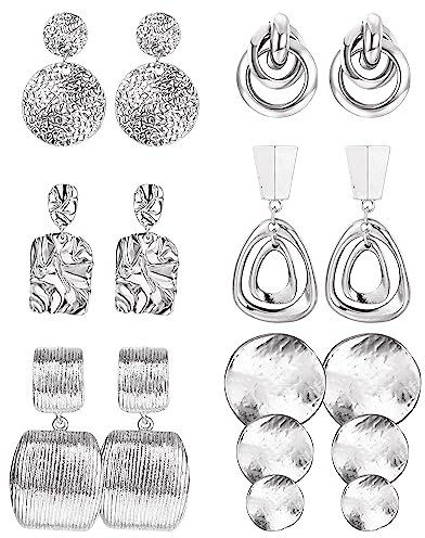 KALVICA 6 Paires Boucles d'Oreilles Femme Or Argent Dangle Boucles d'oreilles Bijoux Alliage Boucle d'oreille Clip Circulaire Le Rectangle Géométrie Boucles d'oreilles Non Piercing