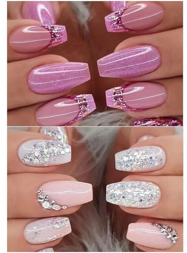 Ceboic 2 Packs (48 Pcs) Künstliche Nägel Zum Aufkleben Mittellang, Sarg French Press on Nails Full Cover Kunstnägel Nägel, Rosa Weiß Glitzer Acryl Nagelspitze Glossy Lila Falsche Nägel für Frauen