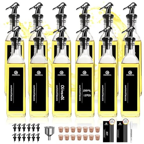 SAEIV Set botellas cristal aceite oliva, aceiteros cocina, 12 botella cristal 250ml, vinagreta cocina, dispensador aceite oliva