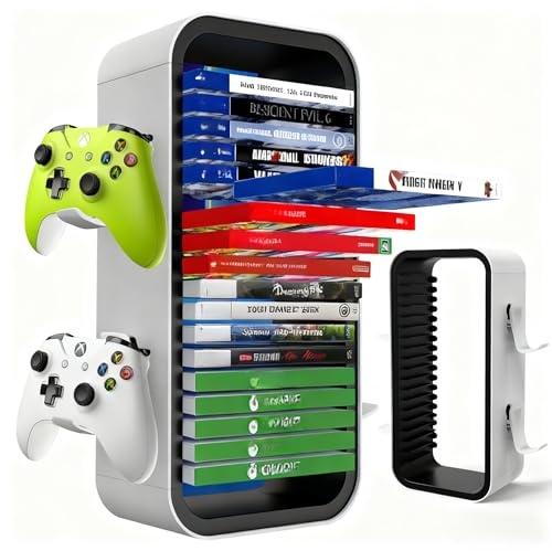 wigmoa OYO-1【40CM】 Game Storage Tower Compatible with PS5/ Series S & X/Switch, Universal Video Games Discs Organizers 18 PCS with 4 Controllers Holder, Game Disk Box Stand. (White/Black)