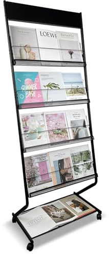 Tongmo Floor-Standing Magazine Rack 4-Layer with Wheels, Brochure Display Stand, High-hardness metal for Office,Exhibitions, and Any Organization Requiring Information Display (black)