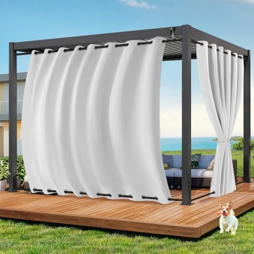Qelus Outdoor Vorhang Wetterfest B254xH213CM, Wasserdicht Outdoorvorhänge mit Ösen, Aussen Gardinen Winddicht Sonnenschutz Sichtschutz für Garten Terrasse Balkon Pergola Pavillon (Grauweiß)