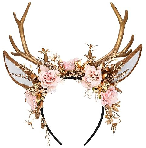 MOSTORY Handgefertigtes goldenes Blumen-Geweih-Haarband - Waldblumen-Rentier-Kopfschmuck mit Hirsch-Ohren Wald-Fee-Haarband für Frauen Mädchen Renaissance Halloween Cosplay Party Prom Foto-Requisiten