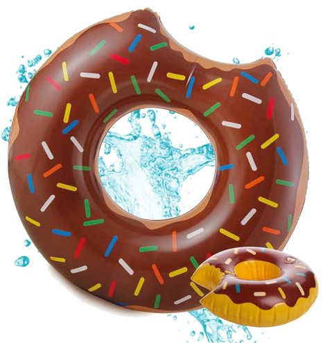 Donut Schwimmring mit 1x Getränkehalter aufblasbar - 120 cm Schwimmreifen für Pool & Wasser - Kinder & Erwachsene (1x Braun)