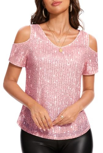 DRESSTELLS Pailletten Oberteil Damen Rosa Glitzer Shirt Schulterfreies Metallic Top Elegant Festliche Blusen Große Größen Sommer Party Outfit Pink 2XL
