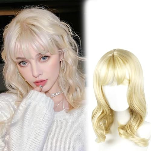FOSDICK 45cm Parrucca Donna Breve Parrucca Bionda Ricci Biondo Capelli Parrucca Blonde Wig con Frangia Sintetico Resistente al Calore Fibra Capelli Shoulder per Cosplay Festa Parrucche