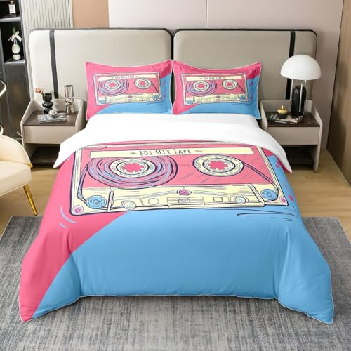 Erosebridal 100% Cotton 80S Party Tape Full Bedding Set,Cartoon Audio Cassette Duvet Cover for Girls Boys Child,Vintage Pink and Blue Music Themed Bedspread Cover,Musical Melody Comforter Cover