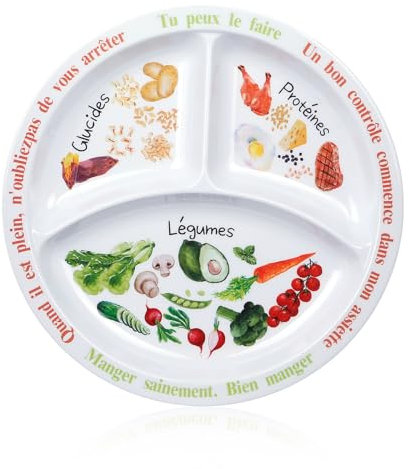 Yuecda Assiette de contrôle des portions pour une alimentation équilibrée - Compartiments en mélamine - Perte de poids - Assiette diabétique