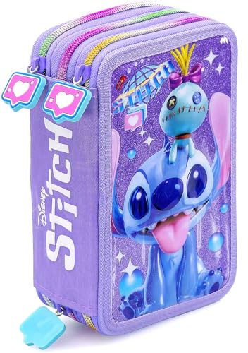 Clondo Astuccio Scuola 3 Scomparti Completo Per Stitch Fan - 46 Accessori Bambini - Kit Cancelleria con 3 Penne Gel Cancellabili, Pennarelli, Pastelli, Colla, Evidenziatore