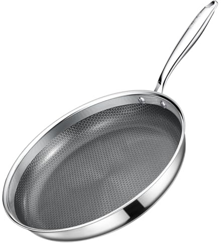GiPP Padella in Acciaio Inossidabile Triplo Strato con Coperchio, Rivestimento Antiaderente a Nido d'Ape, Compatibile con Induzione, Sicura per Forno, Per Rosolare Friggere, 26cm Senza Coperchio