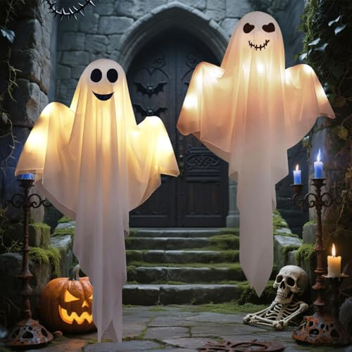 KOMEIYL 2pcs Luz Fantasma Colgante Halloween, Decoración Halloween Fantasmas, Blanco Luces Led Fantasmas Deko, Aplica a Adornos Navideños, Colgados Patio, Aleros o Ramas