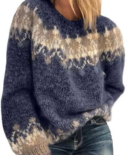 Pull Femme Norvégien d'hiver Chaud Chic Pull Over Tricoté Col Rond À Manches Longues Sweater Tops Motif Jacquard Tunique Grande Taille Pas Cher Décontractés Vetement Femme Automne-Hiver