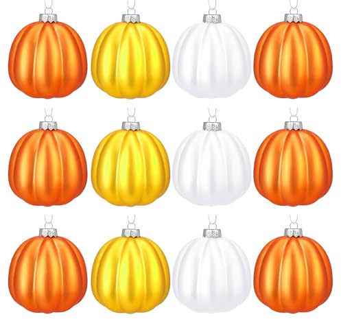 12 Pack Smiling Pumpkin Hanging Ornaments - Halloween & Autumn Decorations for Home, Garden Tree and Party, Durable Resin Ghostly Decor with Lanyards (Mix)