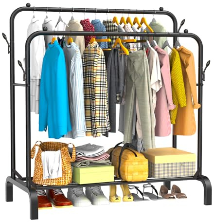 YasTant Heavy Duty Clothes Rail for Bedroom, 110 × 55 × 145cm Sturdy Hanging Clothes Rack for Garments, Double Metal Clothing Rail with Storage Shelf, Max 95 kg Load Capacity (Black)