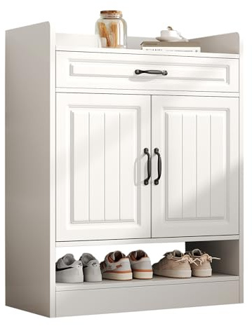 Senmate Armadio Portascarpe Moderno con Ripiani Regolabili, 2 Ante + 1 Cassetto, Bianco, Comò per Ingresso con Mensola Anti-Caduta, Design Compatto L75 x P36 x H95.5 cm