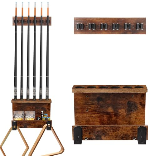 Pool Stick Holder Wall Mount, Pool Cue Set Holder for 6 Cues Sticks Storage Pool Table Accessories Equipment Organizer, Cue Rack Billiards Accessories for Game Room Bars Clubs Billiard Players, Brown