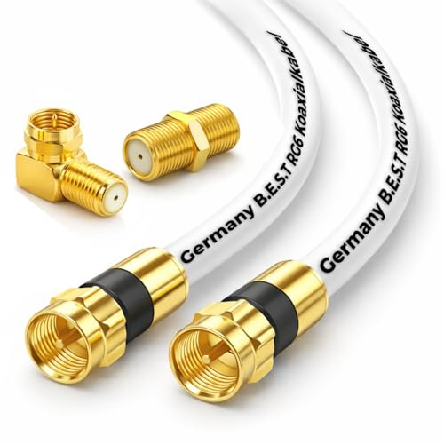 SAT Antennenkabel Koaxialkabel 135 dB Class A+ – Digital HDTV / 4K / 3D / UHD – vergoldet – 1× 90° Winkelstecker & 1x F-Verbinder inkl. – Satellitenkabel für Receiver, Router & Modem (10 Meter, Weiß)