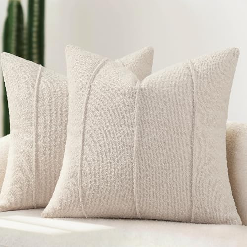 YCOLL Fundas de Cojín Bouclé 45x45 cm Juego de 2 Fundas Suaves y Texturizadas con Rayas Cojines Decorativos Modernos y Acogedores para Sofá y Cama Fundas para Cojines de Sala de Estar, Beige